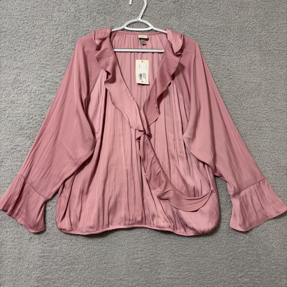 Work Casual Satin Look Ruffle Blouse Plus 2X Wrap Front Bell Sleeve Feminine